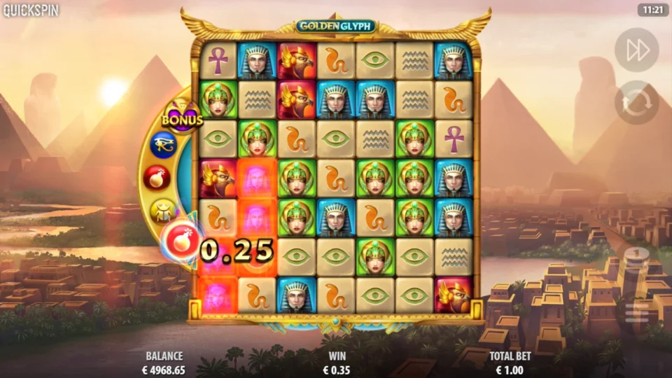Golden Glyph: A Blaze of Fire bomb burns a column for EUR 0.25 with the Scarab, a second bomb and the Eye of Horus queued before the Bonus, on the spin that opened the free spins
