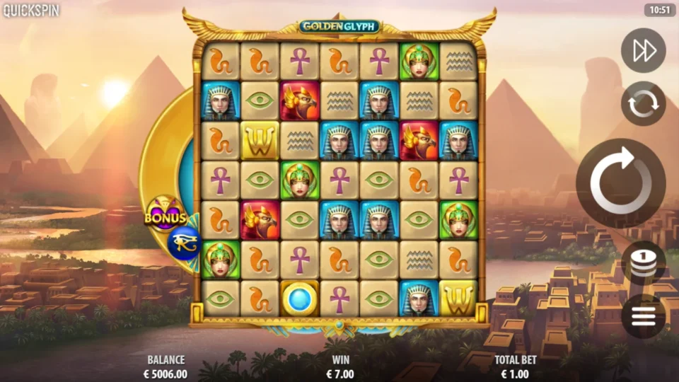 Golden Glyph: EUR 7.00 on the counter with only the Eye of Horus and the Bonus left on the wheel and a Power Wild orb on the bottom row