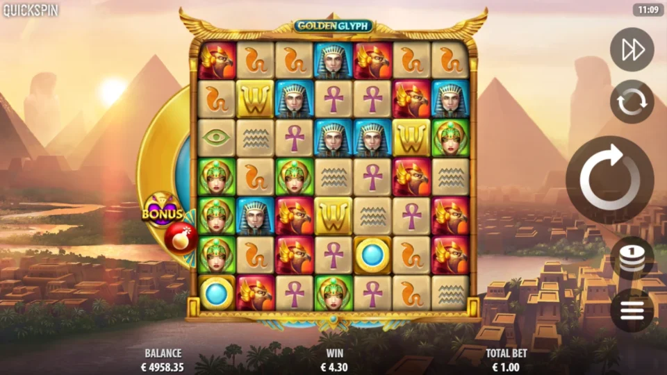 Golden Glyph: EUR 4.30 from a grid holding four W Wilds and two orbs, a Blaze of Fire bomb and the Bonus left on the wheel