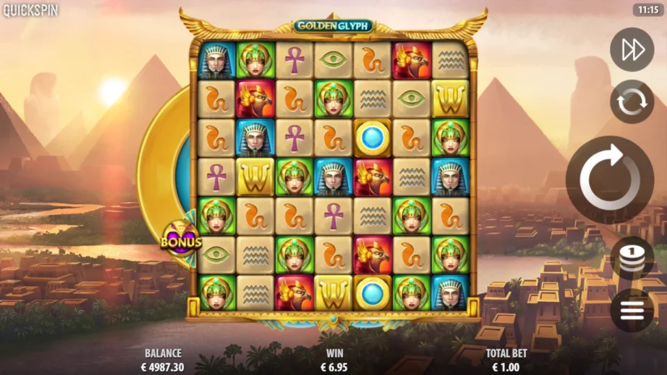 Golden Glyph: Four Power-Ups used up and only the Bonus charge left on the wheel, EUR 6.95 won with three W Wilds and two orbs on the grid