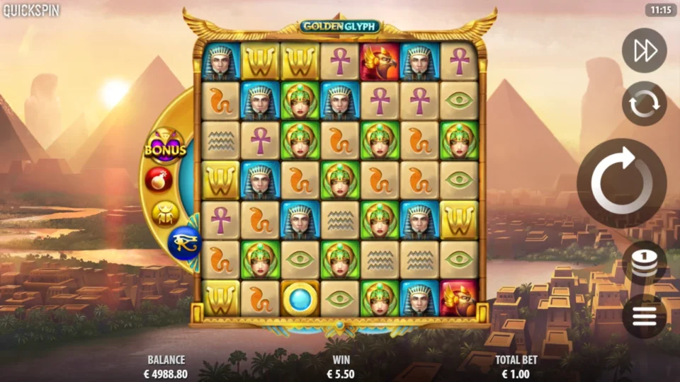 Golden Glyph: Five W Wilds and a Power Wild orb on the grid after a single Power-Up fired, EUR 5.50 won