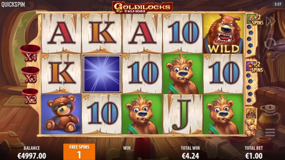 Goldilocks and the Wild Bears: Papa Bear now plays as Wild on the last reel, one free spin left and 4.24 won