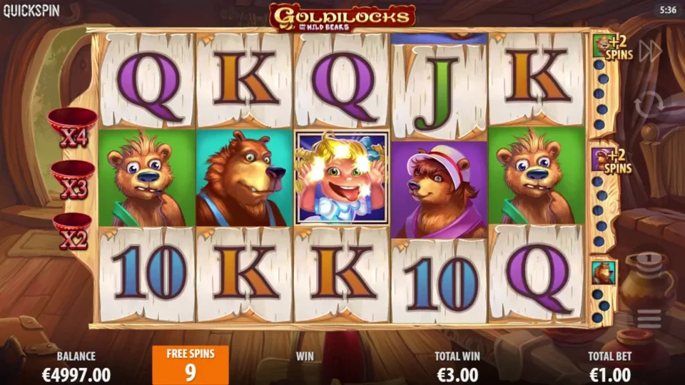 Goldilocks and the Wild Bears: A Goldilocks Progress Scatter lands mid-screen with nine free spins left