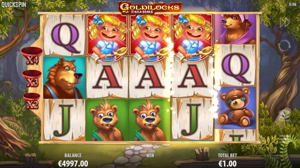 Goldilocks and the Wild Bears: Three Goldilocks Scatters on the top row start a natural round of 10 free spins