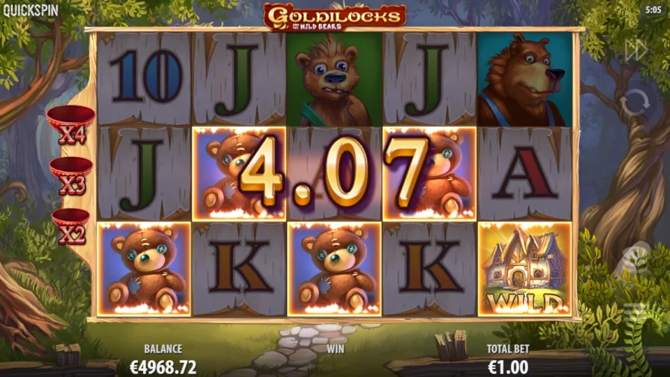 Goldilocks and the Wild Bears: Four teddy bears and a Wild house pay on a zigzag line while the win counter runs