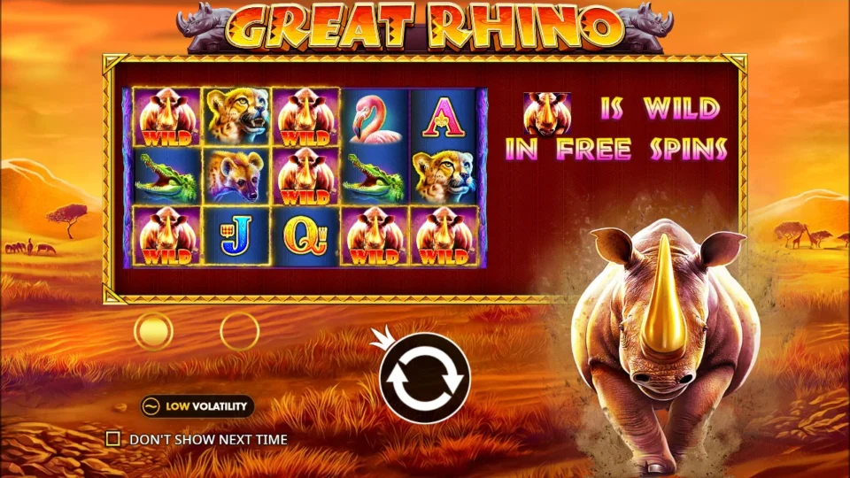 Great Rhino: Fifteen rhinos fill the Super Respins board on the opening slide, next to the promise of the Major or Grand jackpot for 14 or 15 of them