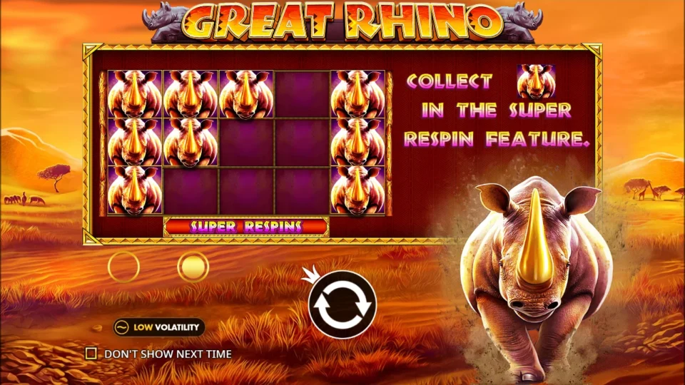 Great Rhino: Fifteen rhinos fill the Super Respins board on the opening slide, next to the promise of the Major or Grand jackpot for 14 or 15 of them