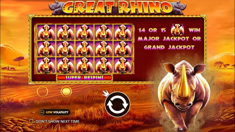 Great Rhino: Fifteen rhinos fill the Super Respins board on the opening slide, next to the promise of the Major or Grand jackpot for 14 or 15 of them