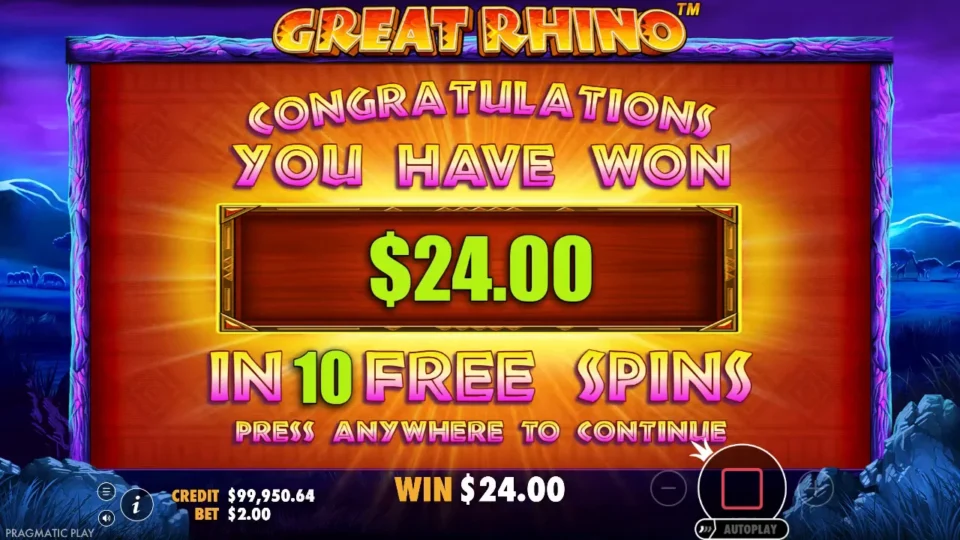 Great Rhino: Bonus result on the closing card, USD 24.00 with the USD 5.00 trigger spin and USD 19.00 from the 10 free spins