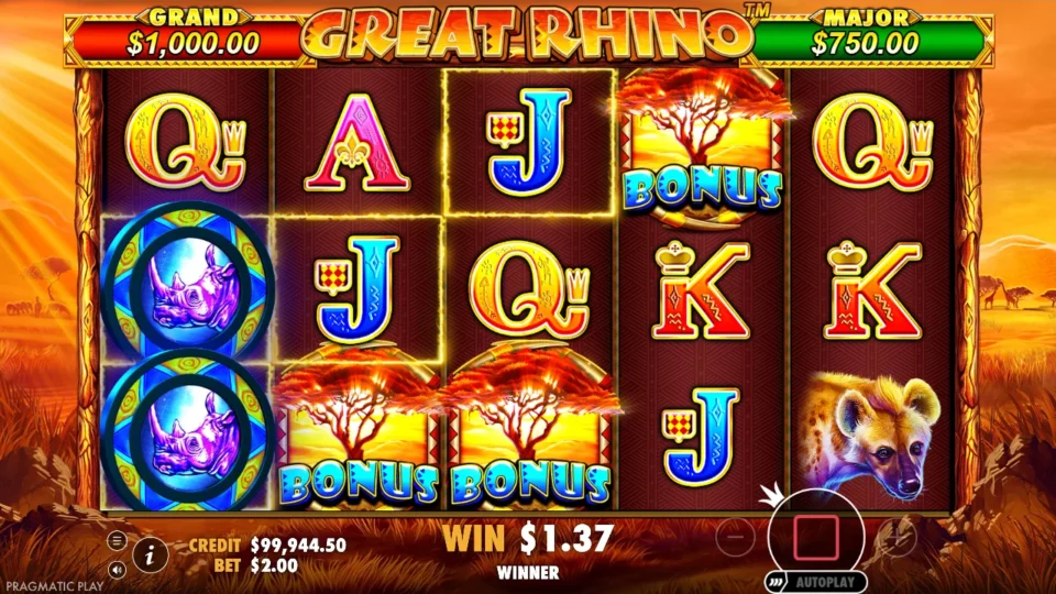 Great Rhino: Three BONUS trees on reels 2, 3 and 4 open the free spins, while two coin Wilds sit stacked on the first reel