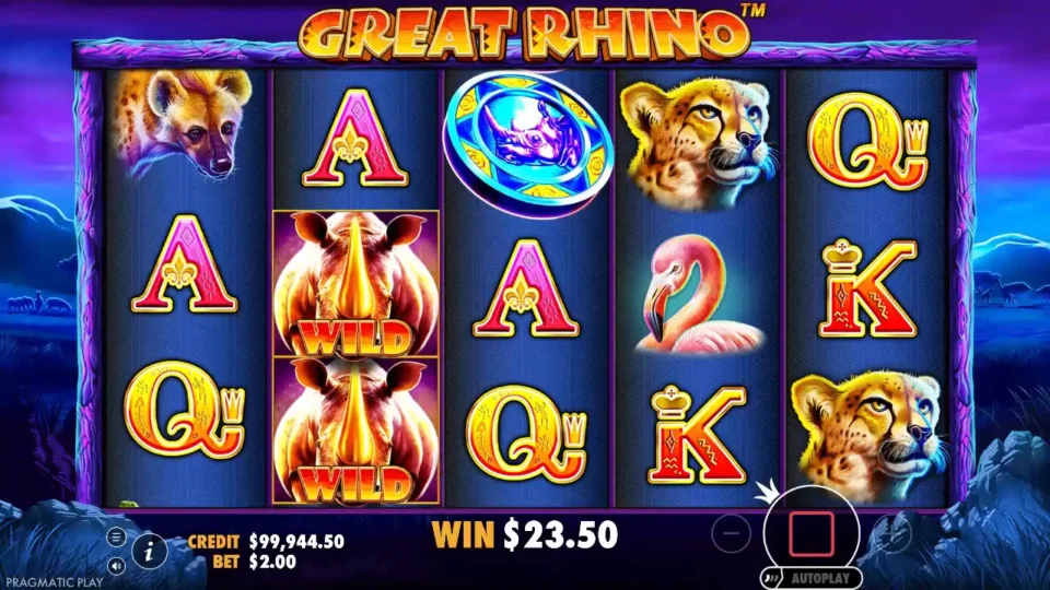 Great Rhino: Two Wild rhinos stacked on reel 2 and a coin Wild atop reel 3 as the bonus total reaches USD 23.50