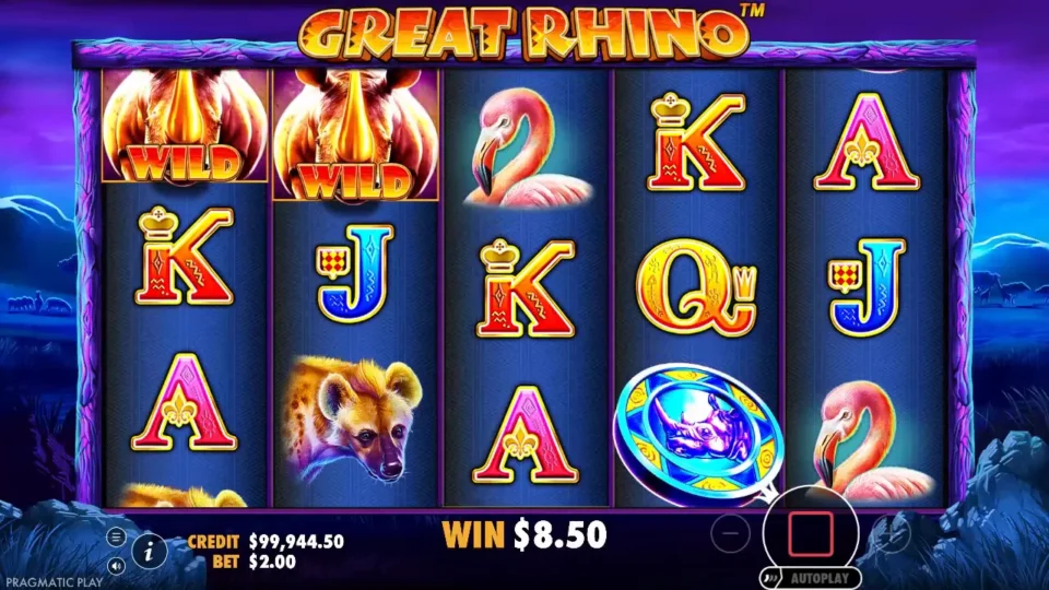 Great Rhino: Rhinos turned Wild on the top row of reels 1 and 2 and a coin Wild low on reel 4, with the bonus total at USD 8.50