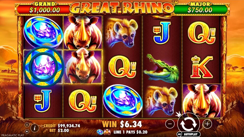 Great Rhino: Coin Wilds on reels 1 and 3 beside two rhinos on reel 2, line 1 paying USD 0.20 for a Wild and a rhino while the win counter keeps running