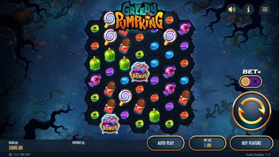 Greedy Pumpking: Demo board of 45 hexagonal cells at a EUR 1.00 bet, two BONUS cauldrons in place and the BET+ switch turned off