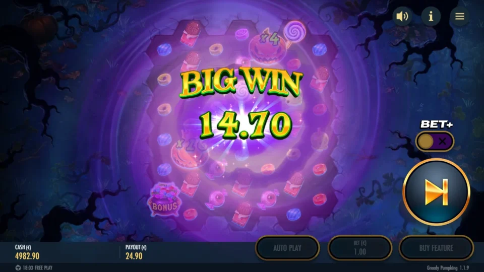 Greedy Pumpking: BIG WIN banner still counting at 14.70 over a dimmed board with an x4 pumpkin, while PAYOUT already shows EUR 24.90