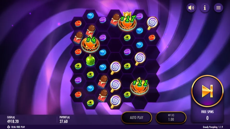 Greedy Pumpking: Bonus result with FREE SPINS at 0 and EUR 27.60 in the PAYOUT box, x17, x11 and x4 pumpkins still on the grid
