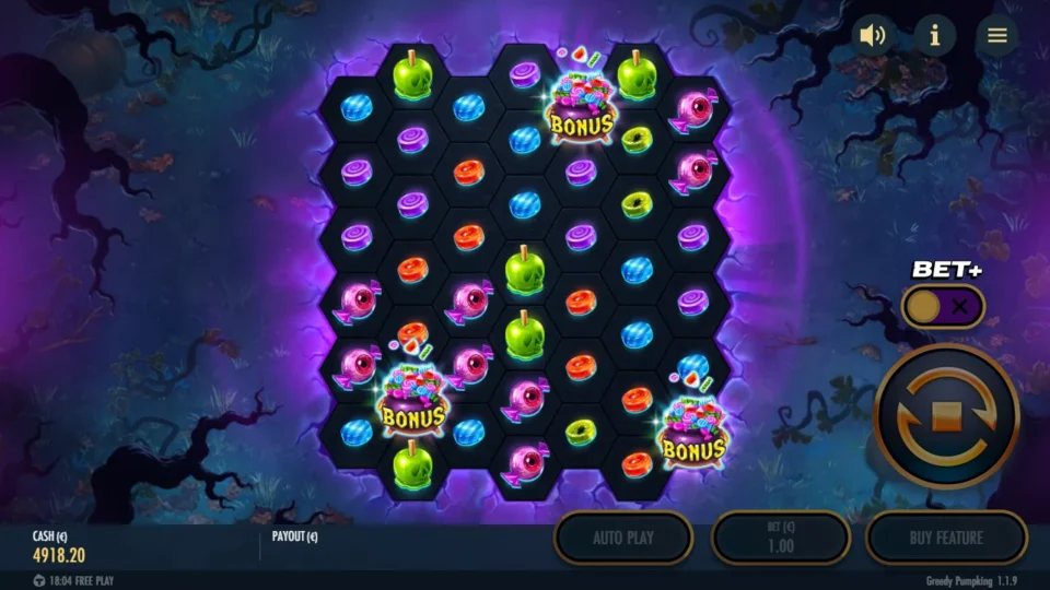 Greedy Pumpking: Three BONUS cauldrons land on the spin bought for EUR 80 and open eight free spins