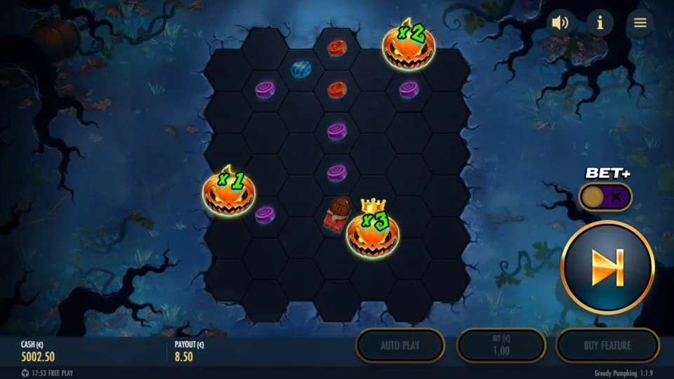Greedy Pumpking: Half the board emptied after a win, with x2, x1 and a crowned x3 pumpkin waiting for the drop and PAYOUT at EUR 8.50