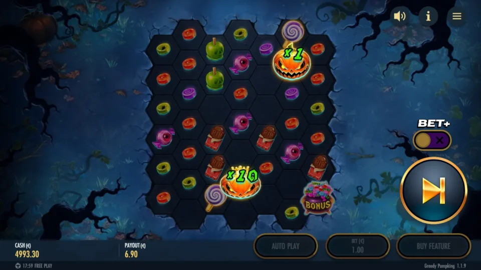 Greedy Pumpking: Crowned x10 pumpkin low in the middle and an x1 near the top as PAYOUT reaches EUR 6.90