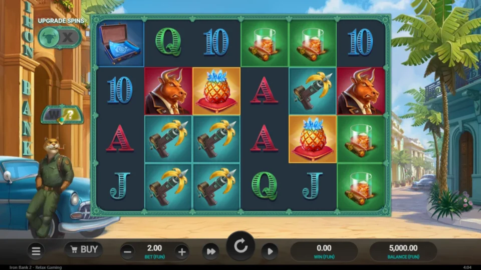 Iron Bank 2: The 6x4 grid before the first spin at a FUN 2.00 bet, with the Upgrade Spins switch set to off