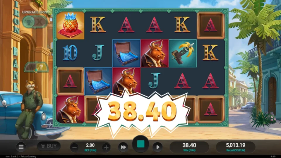Iron Bank 2: Random Mystery frames show red A symbols beside three bulls for a FUN 38.40 win