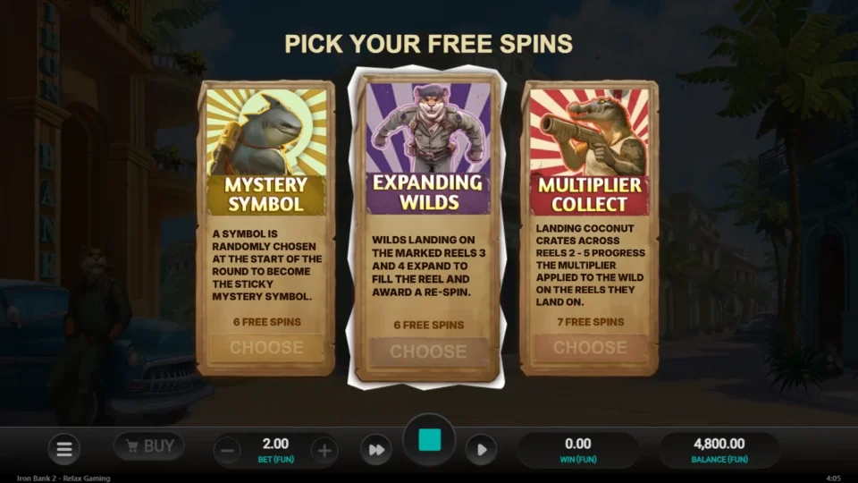Iron Bank 2: Pick Your Free Spins offering Mystery Symbol and Expanding Wilds at six spins and Multiplier Collect at seven