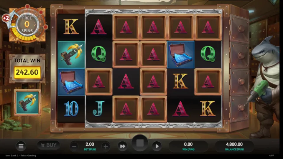 Iron Bank 2: Mystery boxes turn into red A symbols on the last free spin as the total reaches 242.60