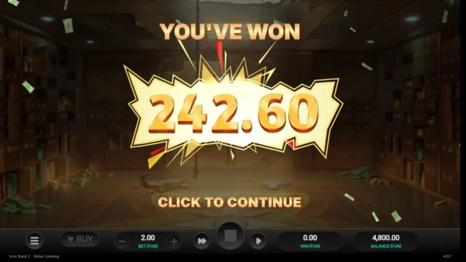 Iron Bank 2: YOU'VE WON card showing the bought bonus result of FUN 242.60