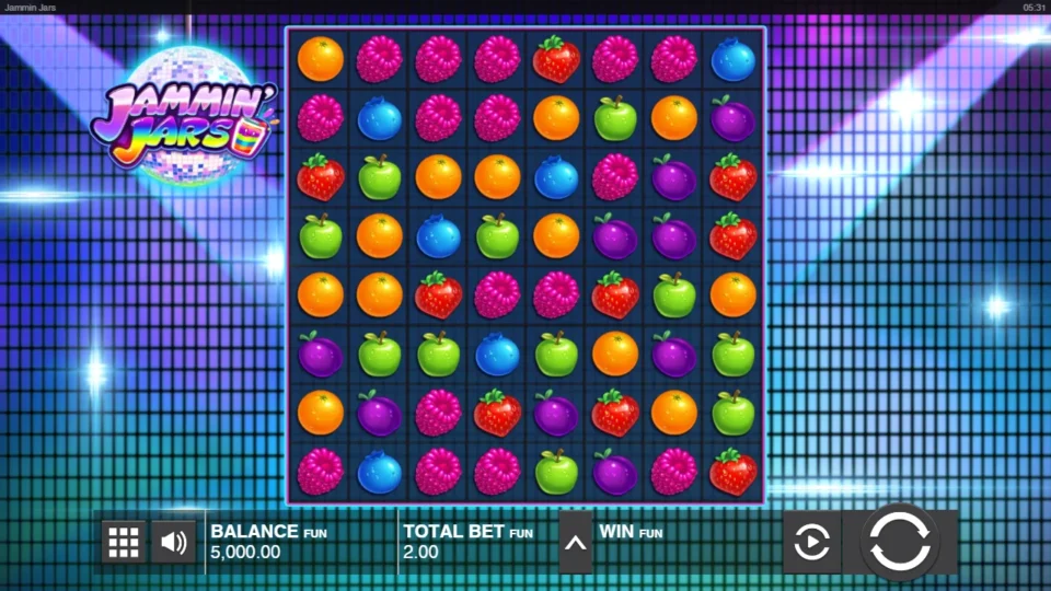Jammin' Jars: Fruit symbols fill the 8x8 grid in the demo at a FUN 2.00 total bet