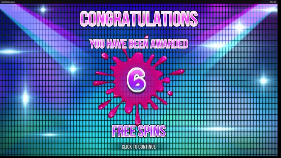 Jammin' Jars: Congratulations card awarding six free spins