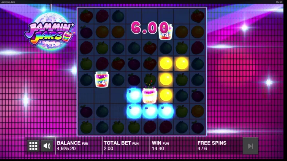 Jammin' Jars: Free spin 4 of 6 pays a 6.00 cluster win with an x4 jar on the grid