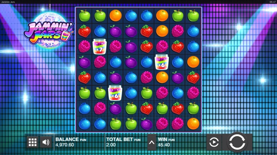 Jammin' Jars: Base screen after the bonus, with 45.40 won and the balance at 4,970.60