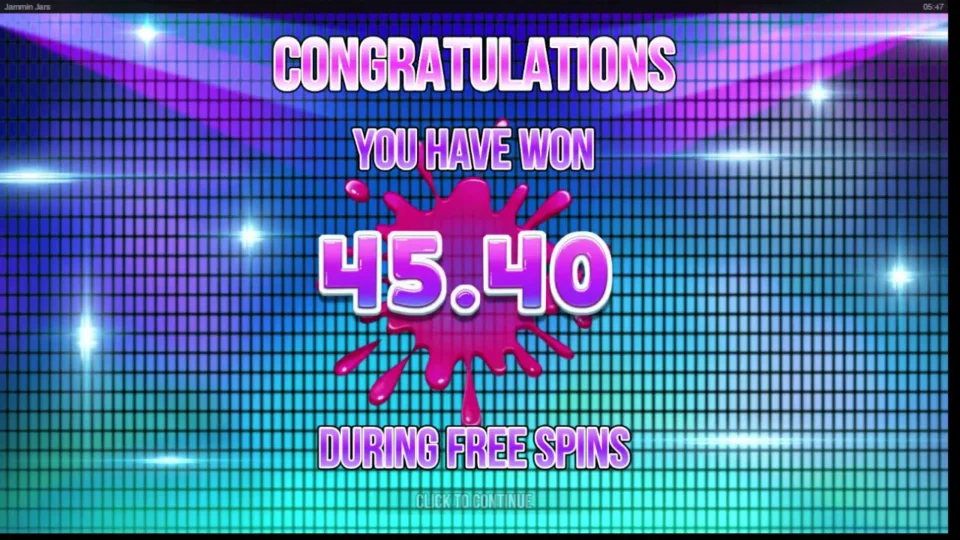 Jammin' Jars: Free spins result card showing 45.40 won during the bonus