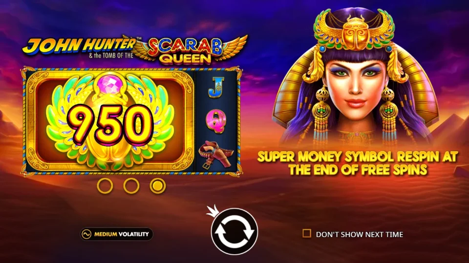 John Hunter and the Tomb of the Scarab Queen: Medium volatility intro slide with a x2 Multiplier Collect on reel 5 beside six gold scarabs valued 20 to 100
