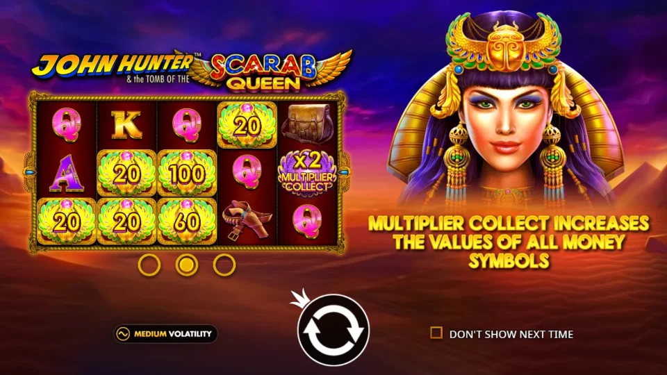 John Hunter and the Tomb of the Scarab Queen: Medium volatility intro slide with a x2 Multiplier Collect on reel 5 beside six gold scarabs valued 20 to 100