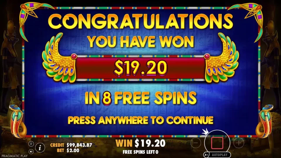 John Hunter and the Tomb of the Scarab Queen: USD 19.20 won in 8 free spins on the CONGRATULATIONS card, the result of the natural bonus