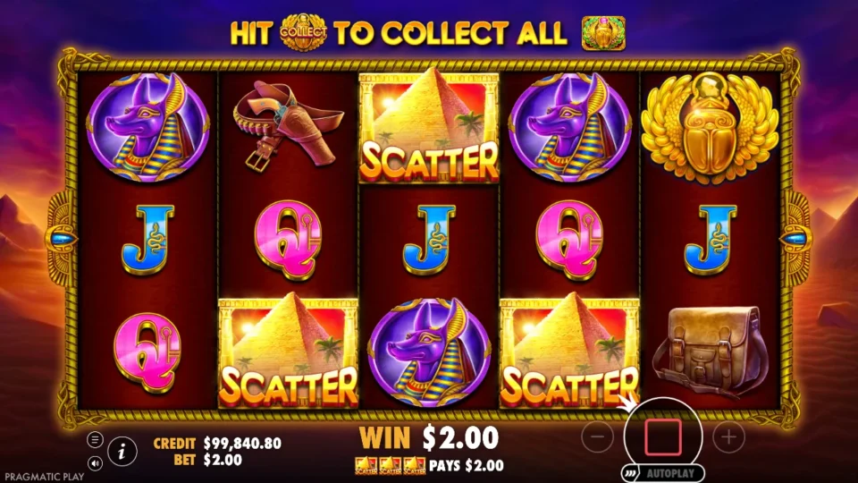 John Hunter and the Tomb of the Scarab Queen: Three pyramid Scatters on reels 2, 3 and 4 pay USD 2.00 and start the free spins