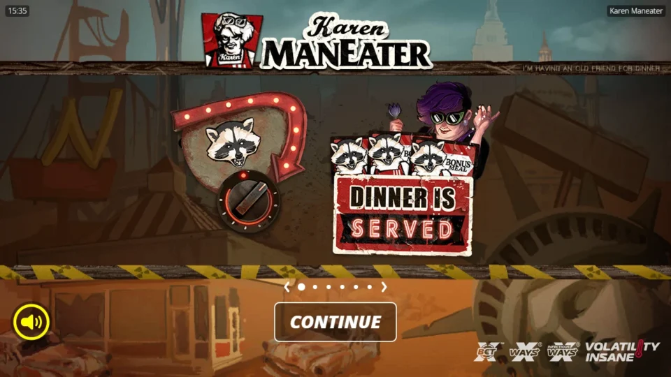 Karen Maneater: Dinner Is Served slide beside the raccoon xBet sign and an Insane volatility badge