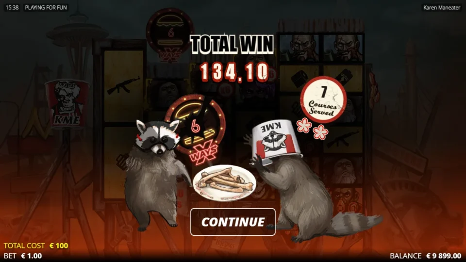Karen Maneater: Raccoons beside a plate show TOTAL WIN 134.10 as the result of the bought meal