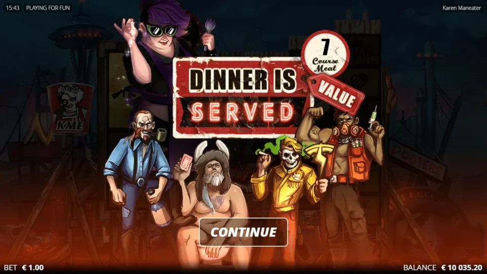 Karen Maneater: Seven-course Value badge next to the Dinner Is Served banner of a natural trigger