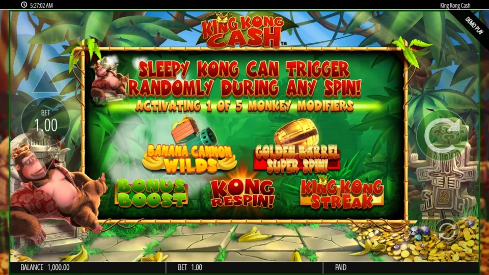 King Kong Cash: Sleepy Kong splash listing the five Monkey modifiers he can wake up and switch on during any spin