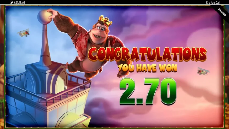 King Kong Cash: Congratulations card showing USD 2.70 as the free spins result at a USD 1.00 bet