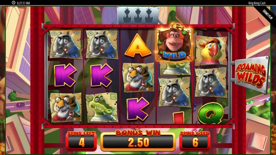 King Kong Cash: Empire Free Spins with a Roaming Wild on reel 4, four spins left, six used and USD 2.50 in the BONUS WIN box