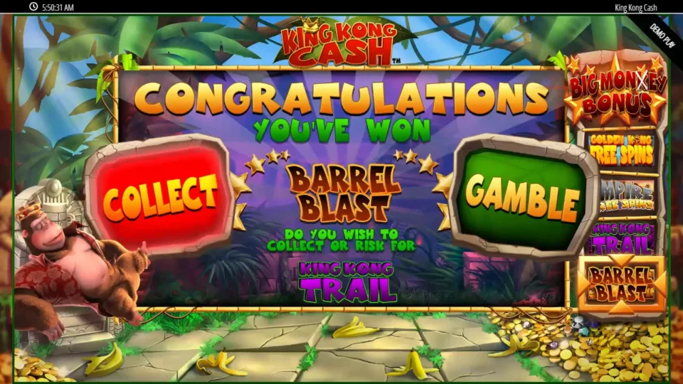King Kong Cash: Barrel Blast won on the bottom rung of the ladder, with COLLECT or GAMBLE offered for King Kong Trail one step up