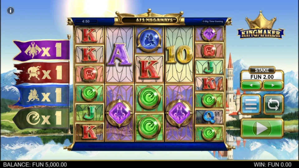 Kingmaker: Gem multiplier flags all at x1 beside five Megaways reels at a FUN 2.00 stake