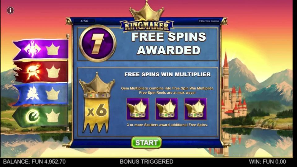 Kingmaker: Seven free spins awarded with the gem flags combined into a x6 win multiplier