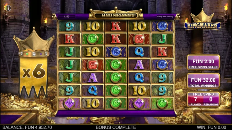 Kingmaker: Bonus result after seven free spins, FUN 32.00 in total winnings at x6