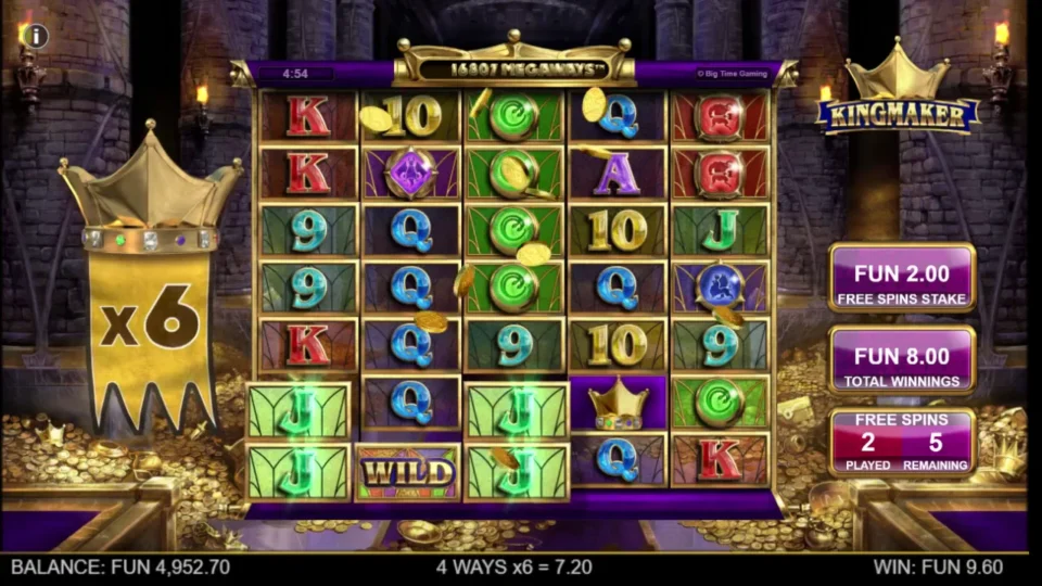 Kingmaker: A Wild on the second reel joins Jacks for four ways paid at x6 on free spin two