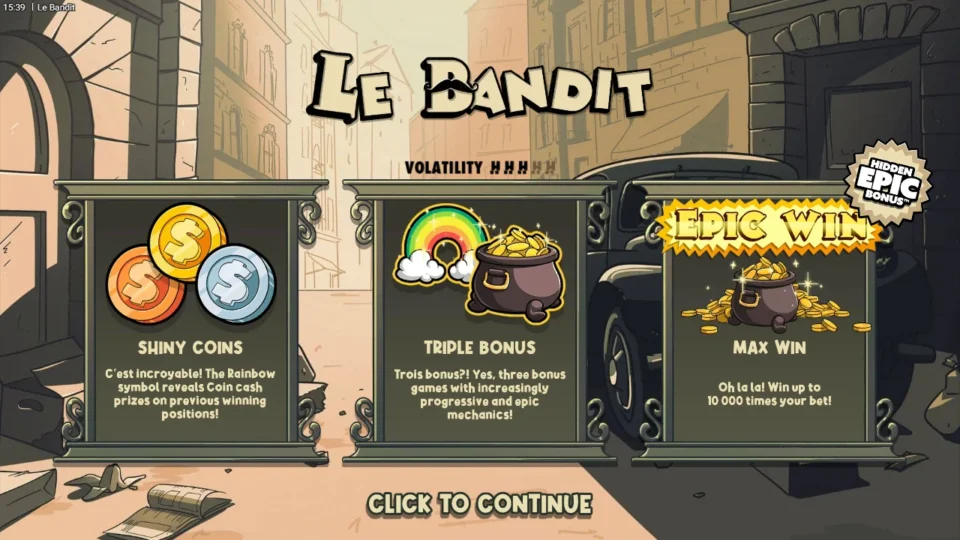 Le Bandit: Opening board with Shiny Coins, Triple Bonus and Max Win cards above the Paris alley