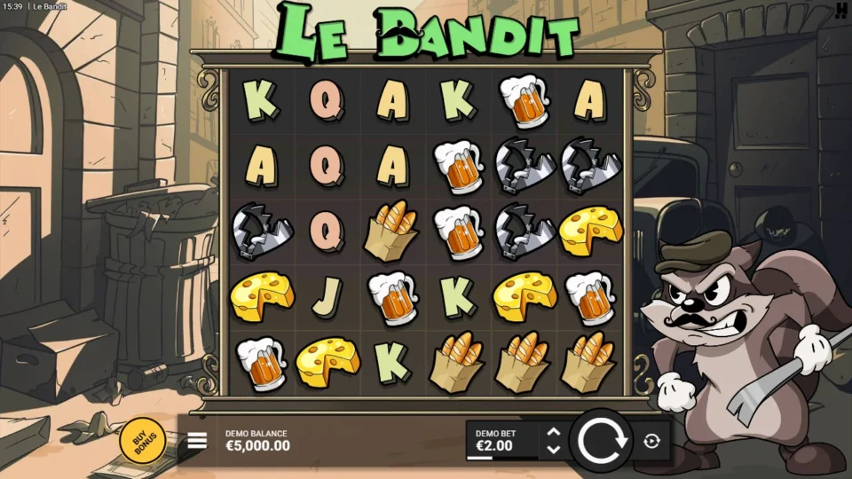 Le Bandit: Six-reel grid of beer mugs, cheese, baguettes and card ranks at a EUR 2.00 bet before the first spin